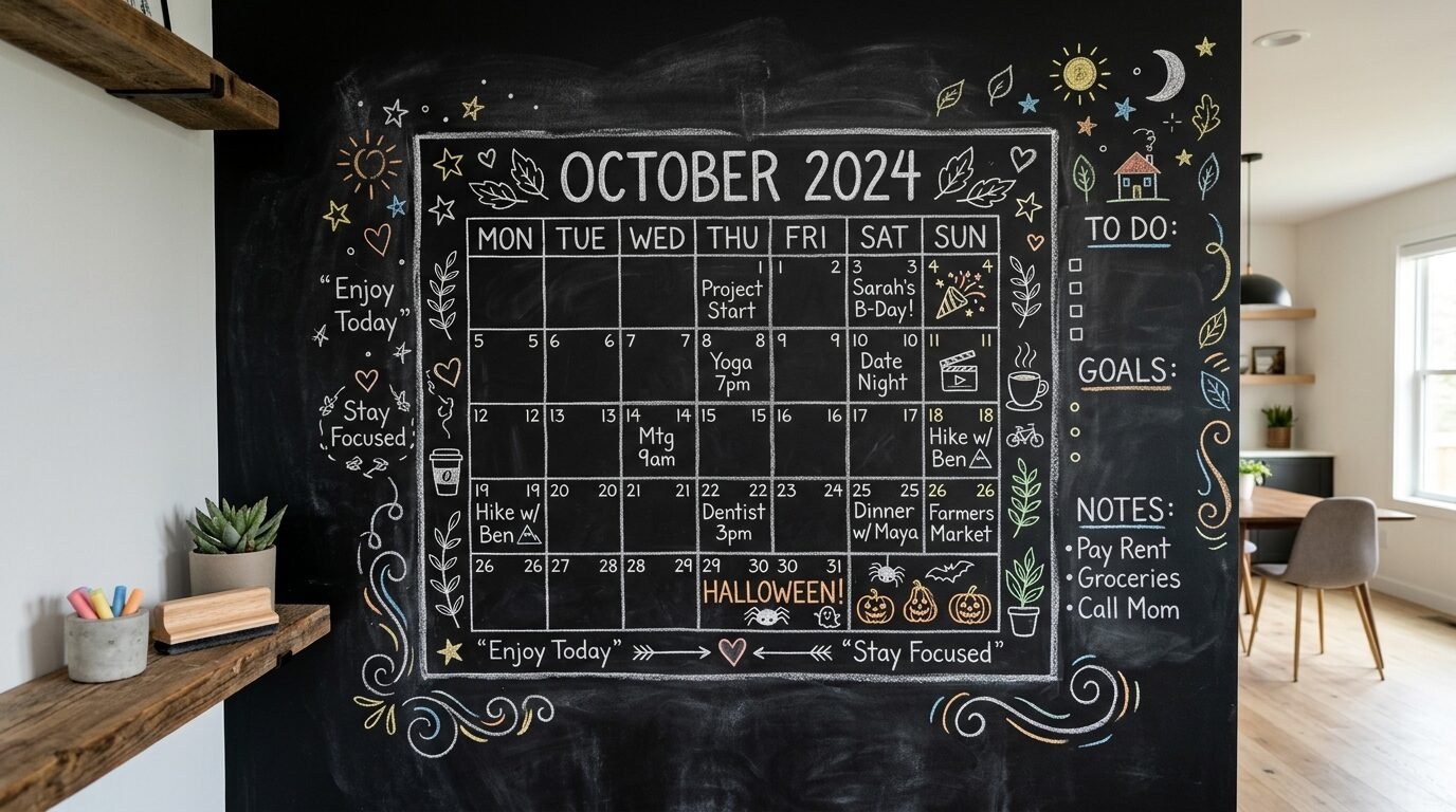 October 2024 chalkboard calendar with colorful hand-drawn doodles, to-do list, and goals written in white chalk.