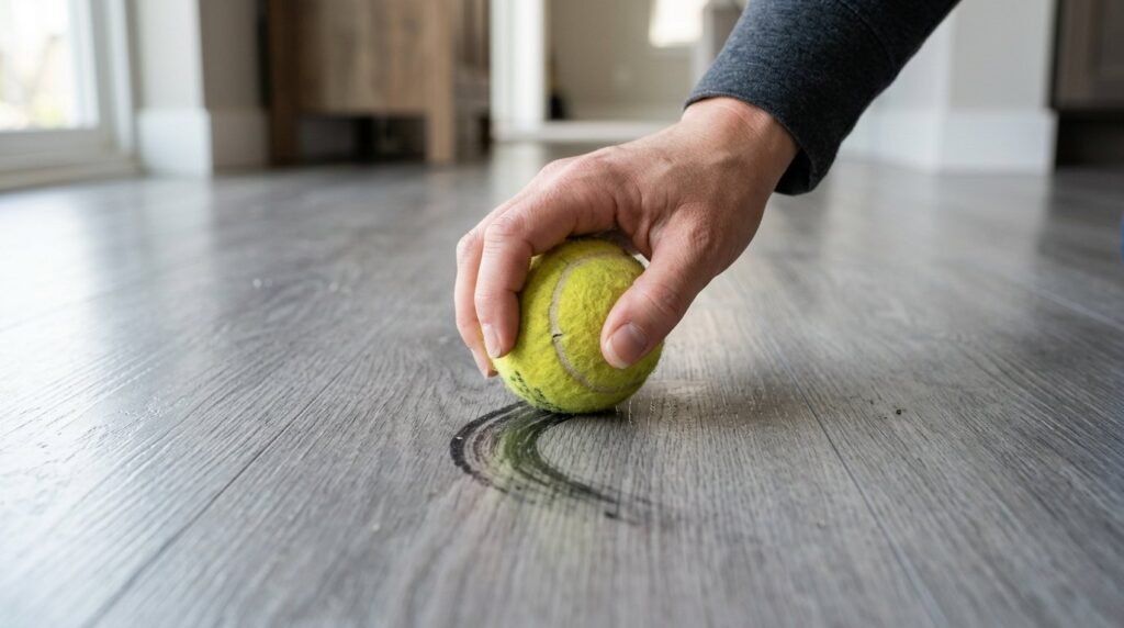 Close up view of a person using their hand to rub a scuff mark off a clean surface.