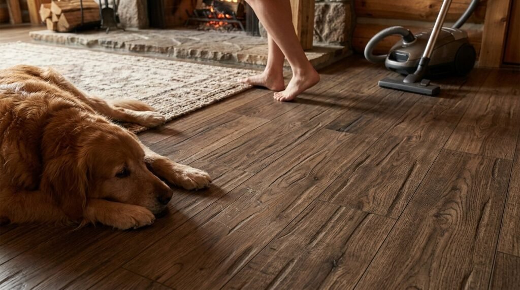 Close up macro shot of weathered dark brown hand scraped hardwood floor planks with visible wood grain details.