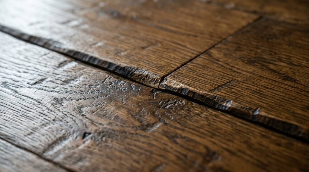 Close up view of luxury hand scraped hardwood flooring with natural wood grain patterns.