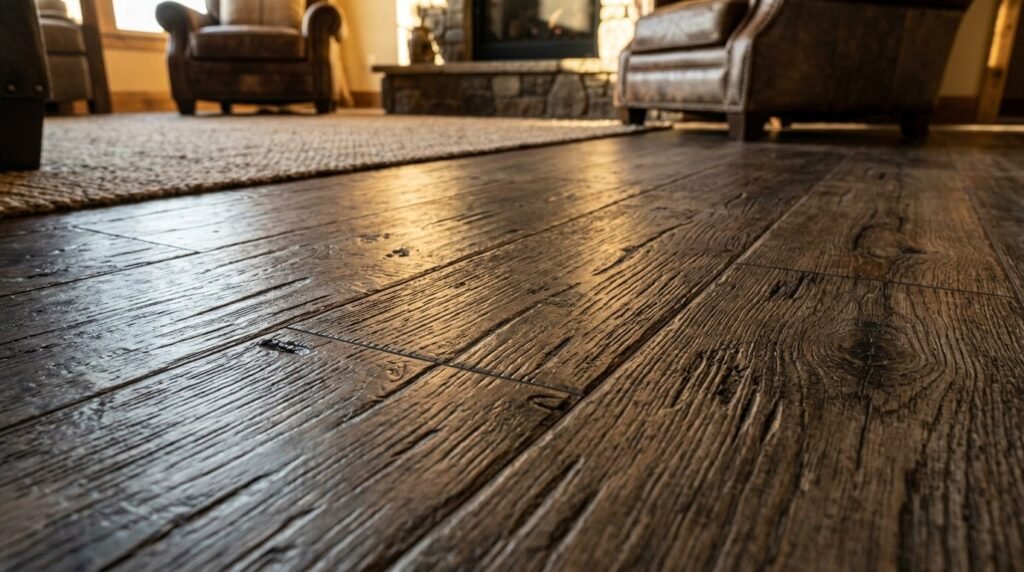 Close up view of luxury vinyl planks with realistic hand scraped wood texture.