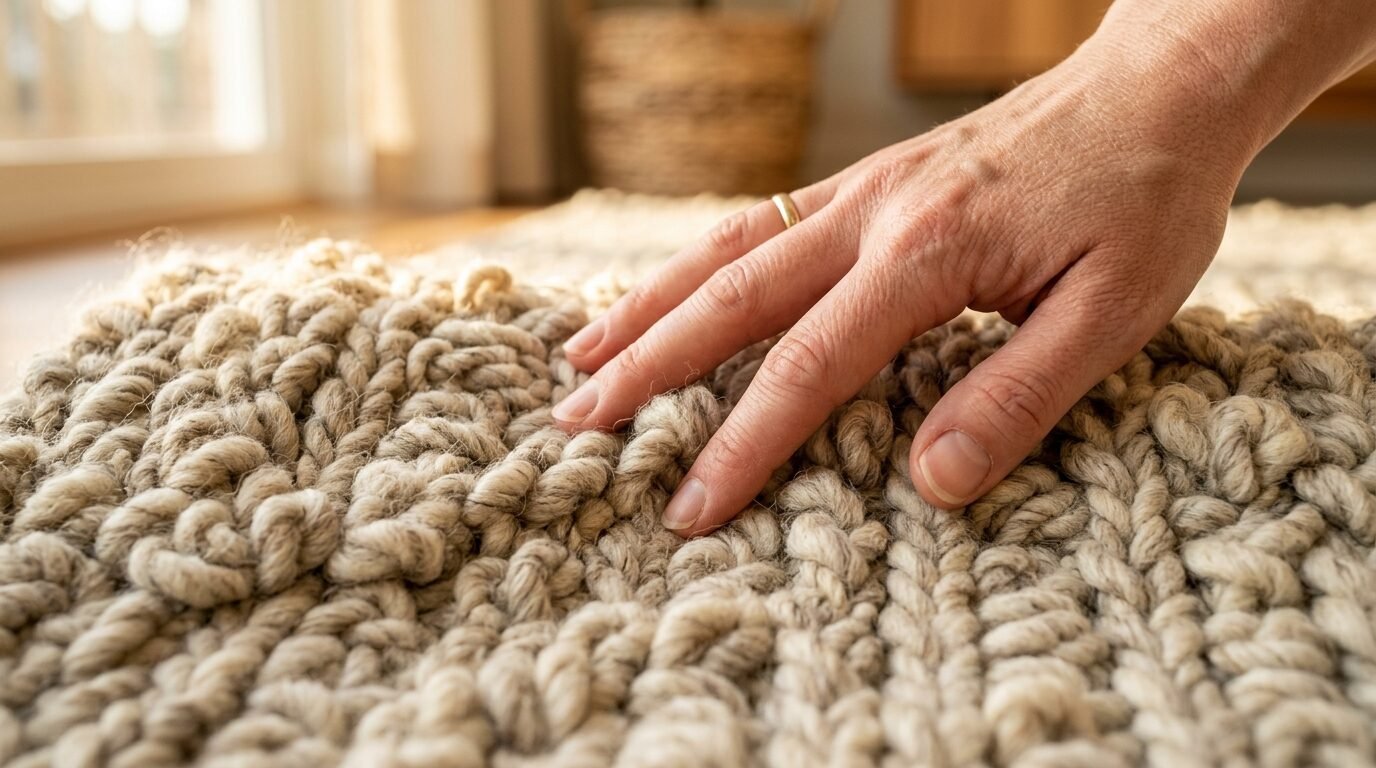 Close-up of a person's hand resting on a thick, beige hand-knitted wool carpet.