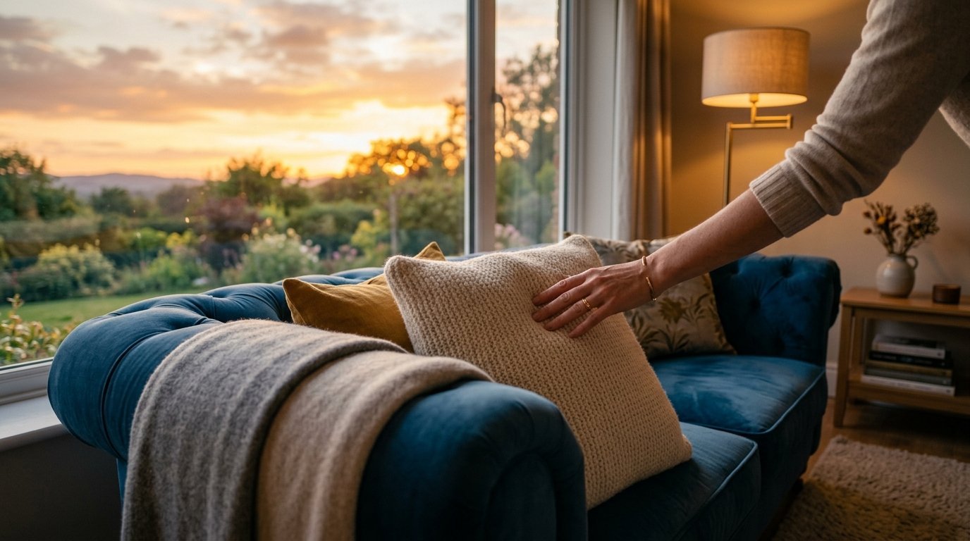 Close-up of a person's hand adjusting a textured cream cushion on a tufted blue sofa by a window.