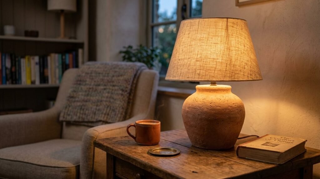 A rustic handcrafted terracotta lamp sitting on a wooden surface with soft ambient lighting.