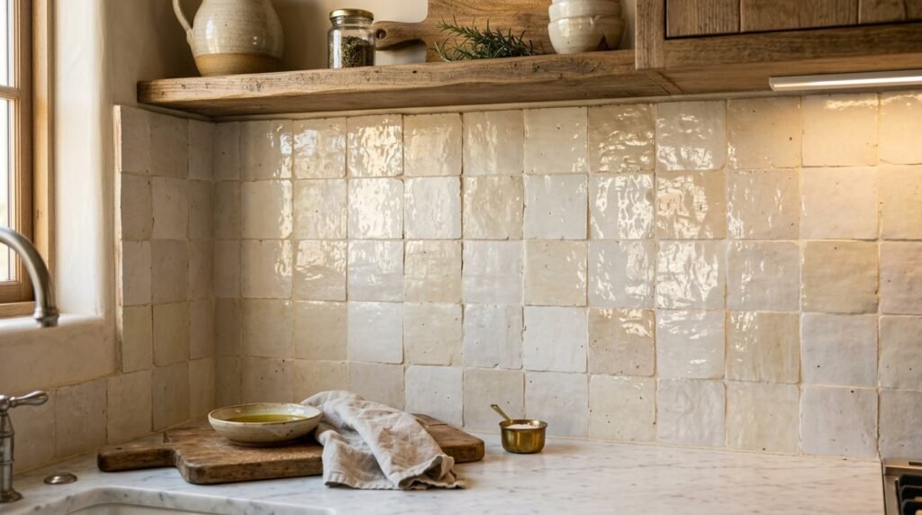 Close up view of artisanal handcrafted zellige clay tiles showing unique color variations and texture.