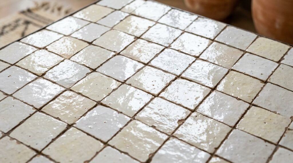 Close up view of intricate handmade Moroccan zellige tiles with rich textures and vibrant geometric patterns.