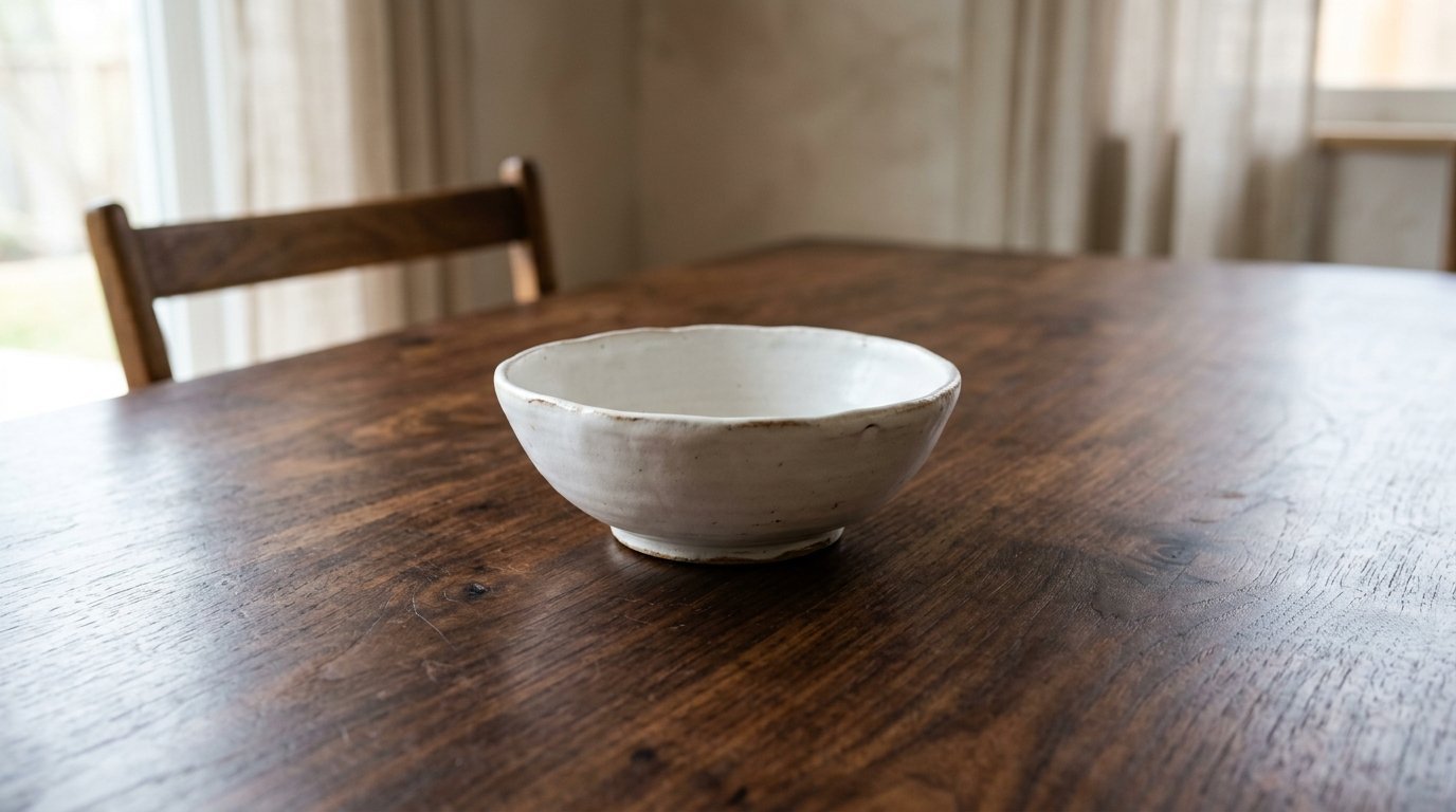 An empty, off-white, hand-thrown pottery bowl sitting on a dark stained timber dining table.