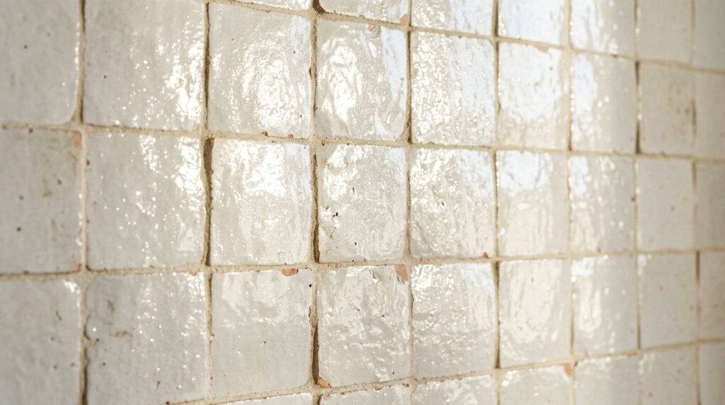 Close up of textured handmade Zellige tiles featuring natural variations and glossy finish.