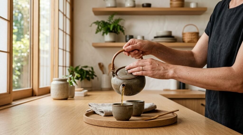 Close up of hands pouring freshly brewed herbal tea from a ceramic teapot into a cup.
