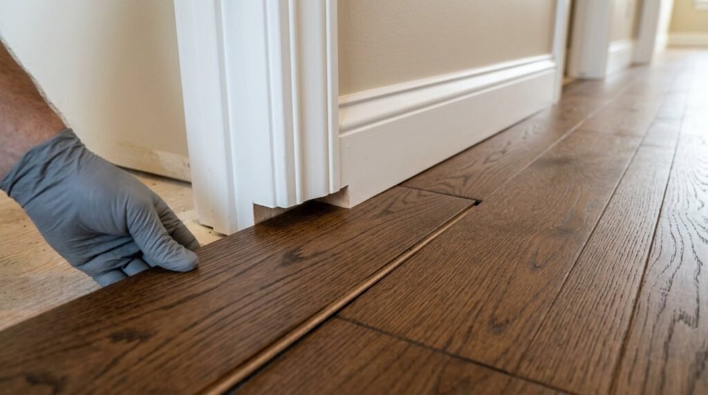A sleek sliding glass door transition to a polished hardwood floor in a bright home interior.