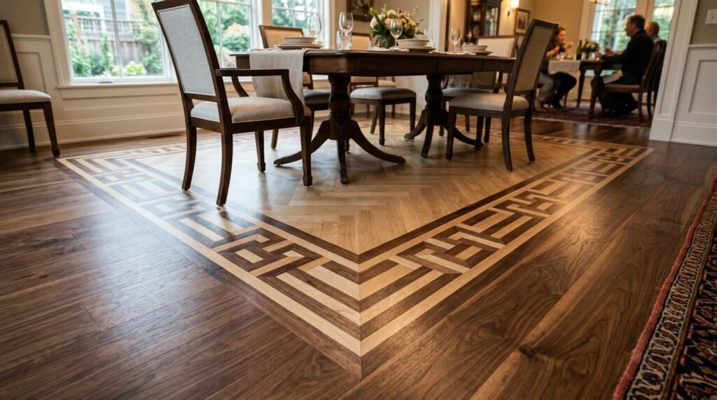 Close up view of an intricate decorative wood floor border on polished hardwood flooring.
