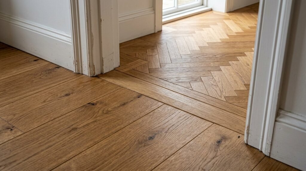 High-angle view of a beautifully installed natural oak herringbone parquet floor pattern.