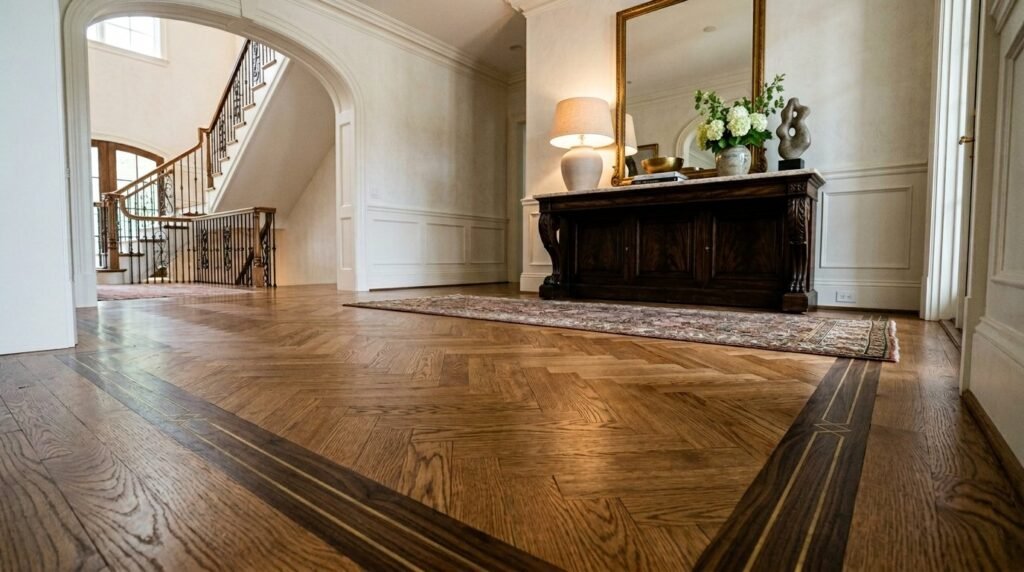 Close up view of classic herringbone pattern light oak hardwood floor.