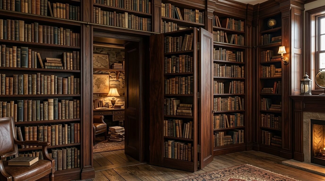A wooden library features a revolving bookcase door leading to a dimly lit room with a desk and antique maps.