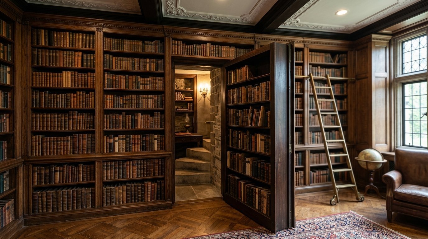 A revolving bookshelf door opening to a stone staircase inside a classic study with leather armchair and library ladder.