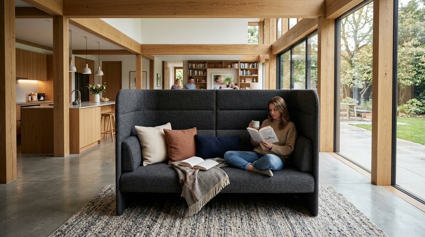 A person relaxes on a dark grey upholstered booth sofa in a modern open-plan home with floor-to-ceiling windows.