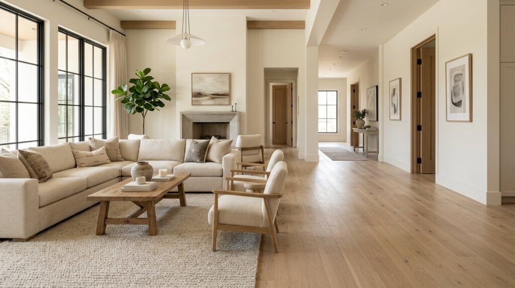 A bright and spacious high end white luxury home interior with modern minimalist decor.