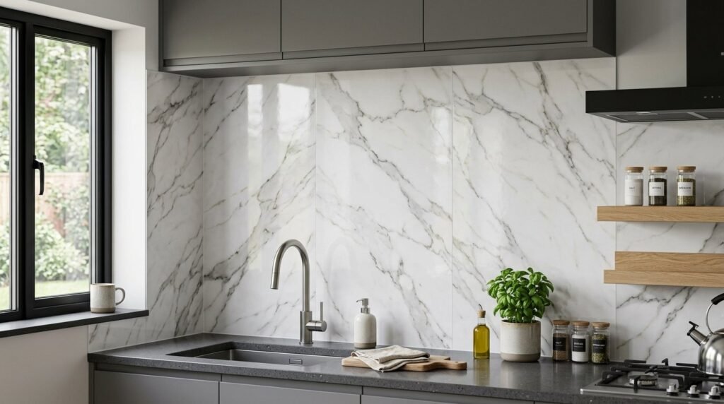 Stacks of premium vinyl flooring sheets showing detailed texture and patterns.