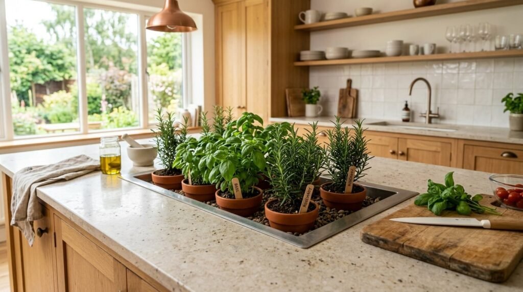 A organized home herb garden planting station with potted herbs and gardening tools on a wooden surface.