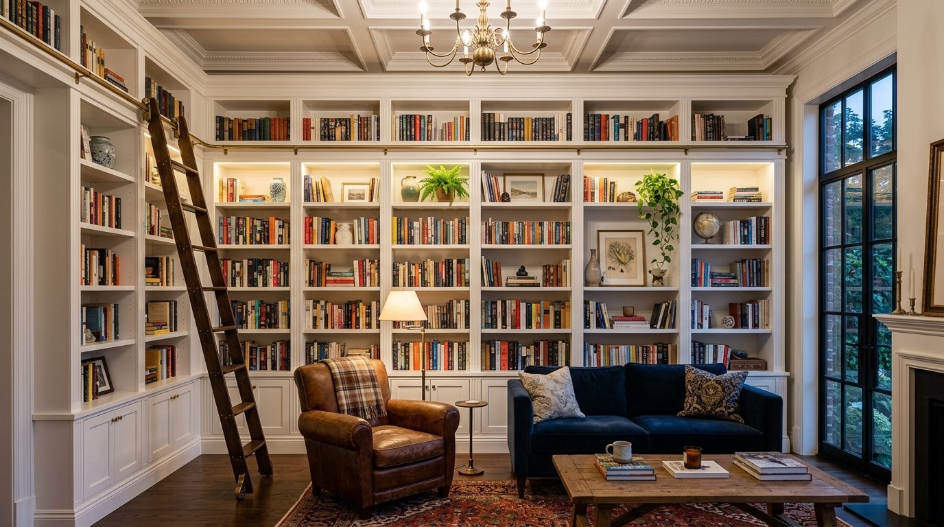 A sophisticated home library with a navy sofa, brown leather armchair, and expansive white wall-to-wall bookshelves.