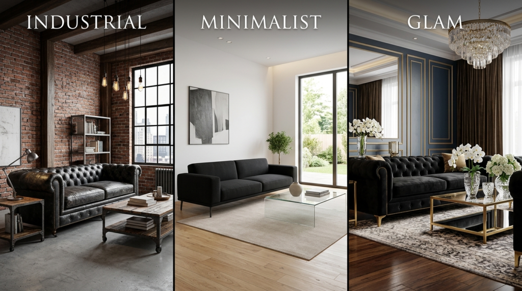 Split screen image showing three different living room designs labeled as industrial minimalist and glam styles.