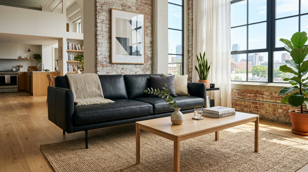 Modern black leather sofa situated in a bright room with exposed brick walls, a wooden coffee table, and large windows.