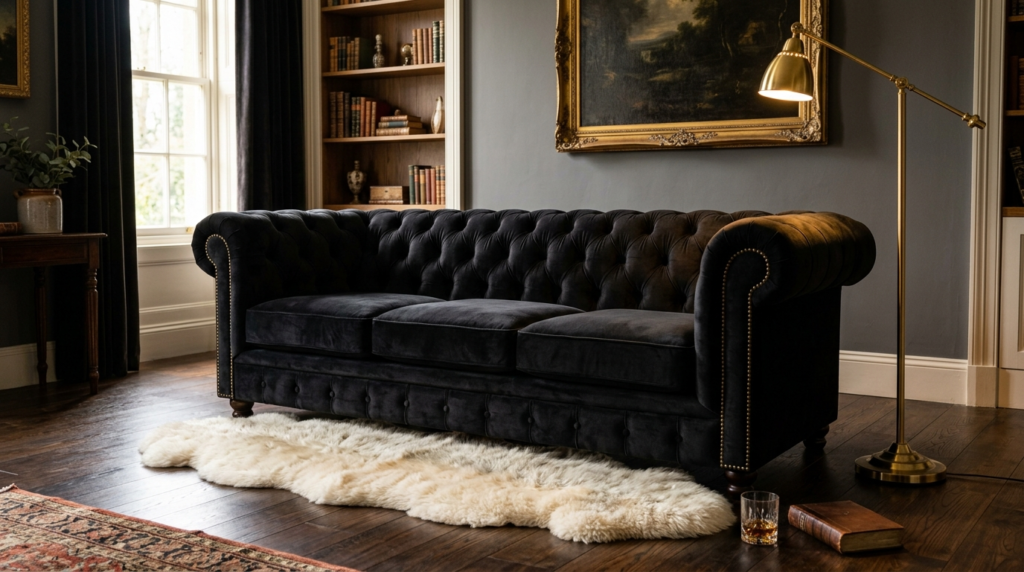 A dark grey tufted chesterfield sofa sits on a plush white rug in a dimly lit library style room.