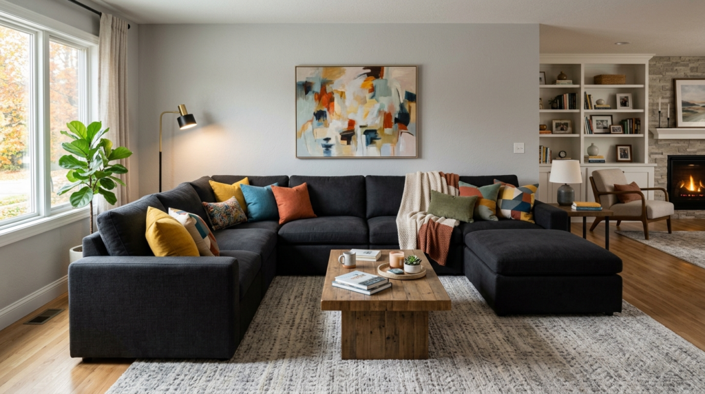 A plush dark gray U-shaped sofa sits in a cozy living room with a wood coffee table and abstract wall art.