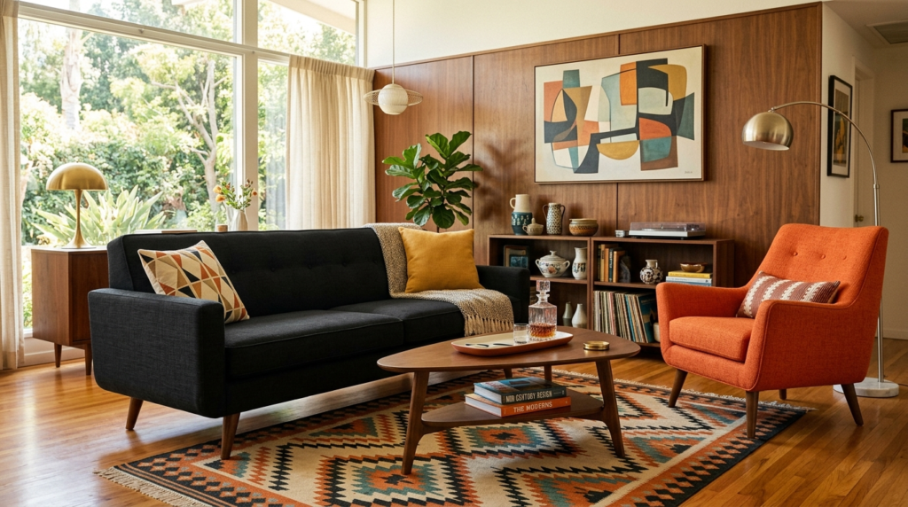 A living room with wood paneling, a dark sofa, a vibrant orange armchair, and a geometric patterned area rug.