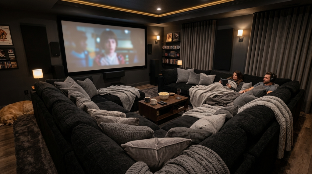 People lounging on a large black sectional sofa in a dimly lit media room with a projection screen.