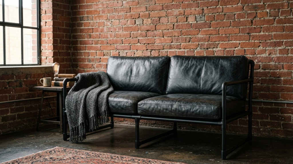 Two-seat dark leather sofa with metal frame and a grey throw blanket in a rustic loft setting.