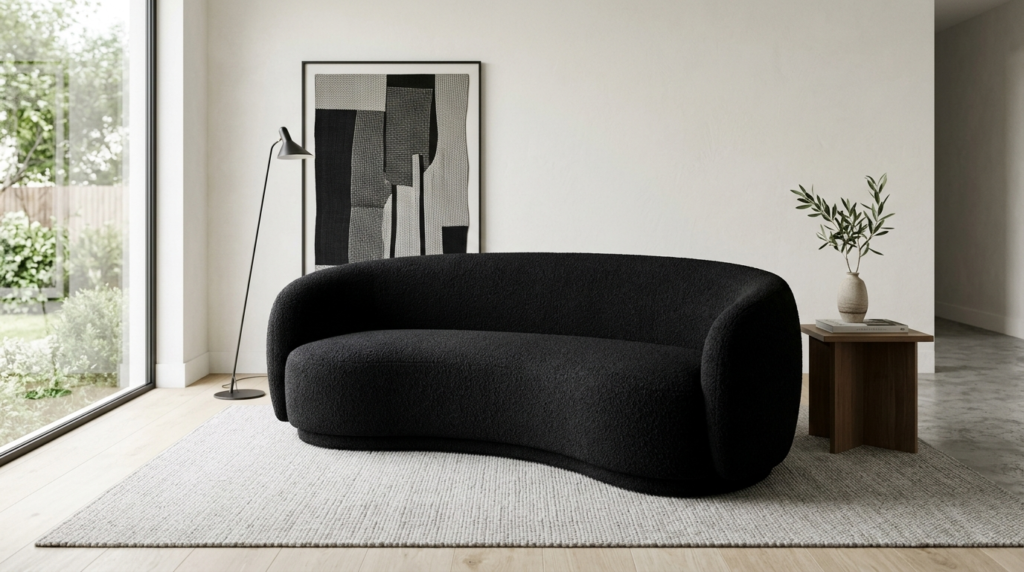 A plush black crescent-shaped sofa sits on a textured area rug in a minimalist room with abstract wall art.