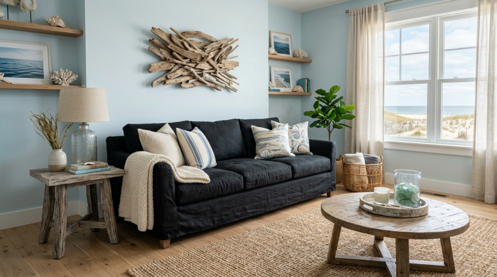 Navy blue sofa with striped pillows in a light blue room decorated with driftwood and seaside accents.