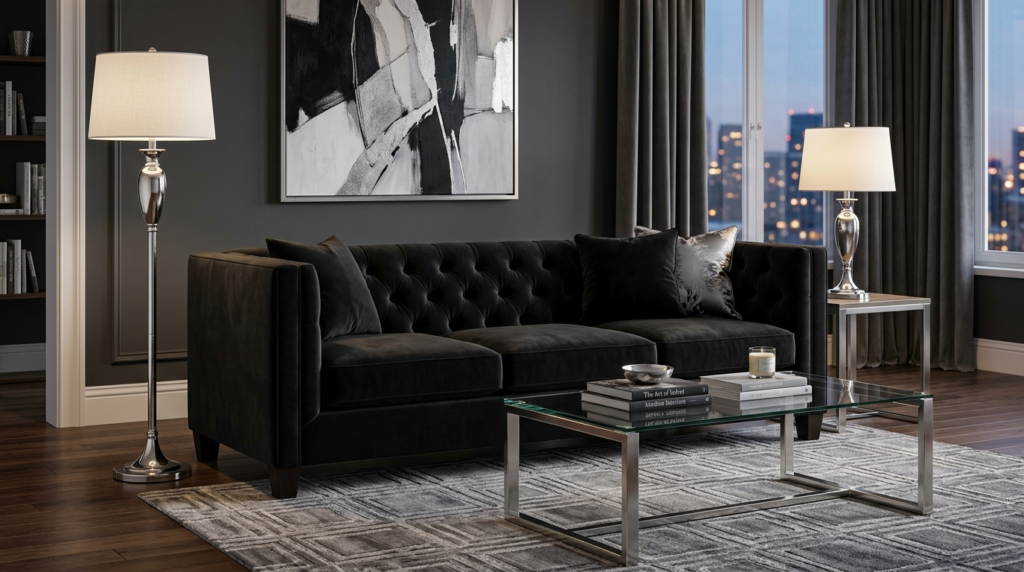 A plush black velvet tufted sofa with chrome lamps and a glass coffee table in a contemporary room.