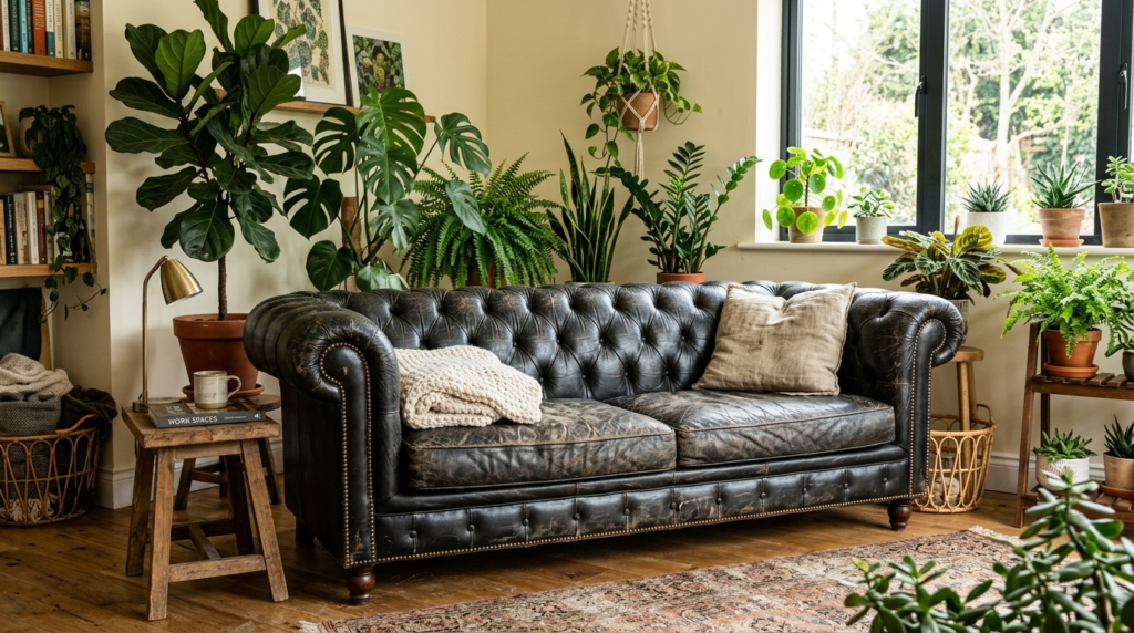 Black chesterfield sofa decorated with a cream throw blanket in a room filled with various potted houseplants.