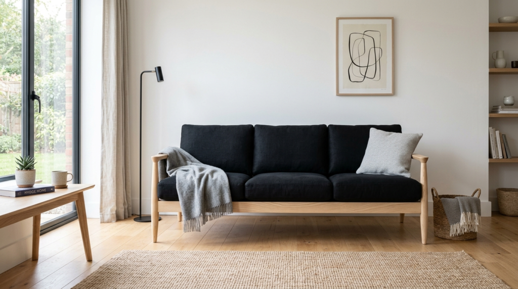 Modern black couch with grey throw blanket in a bright Scandinavian style living room.