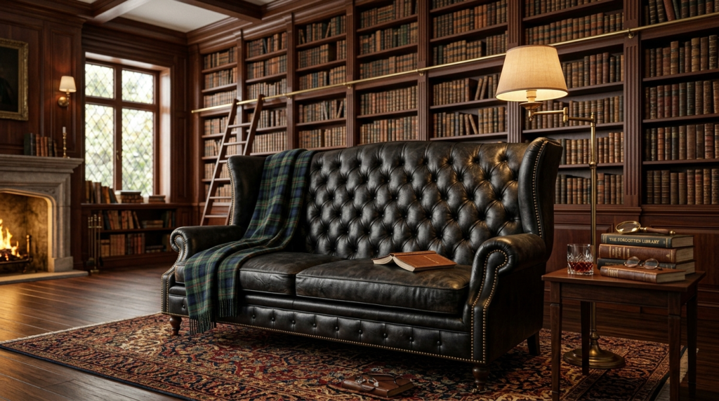 Dark green tufted leather couch with a plaid throw blanket in a room with floor-to-ceiling bookshelves and fireplace.