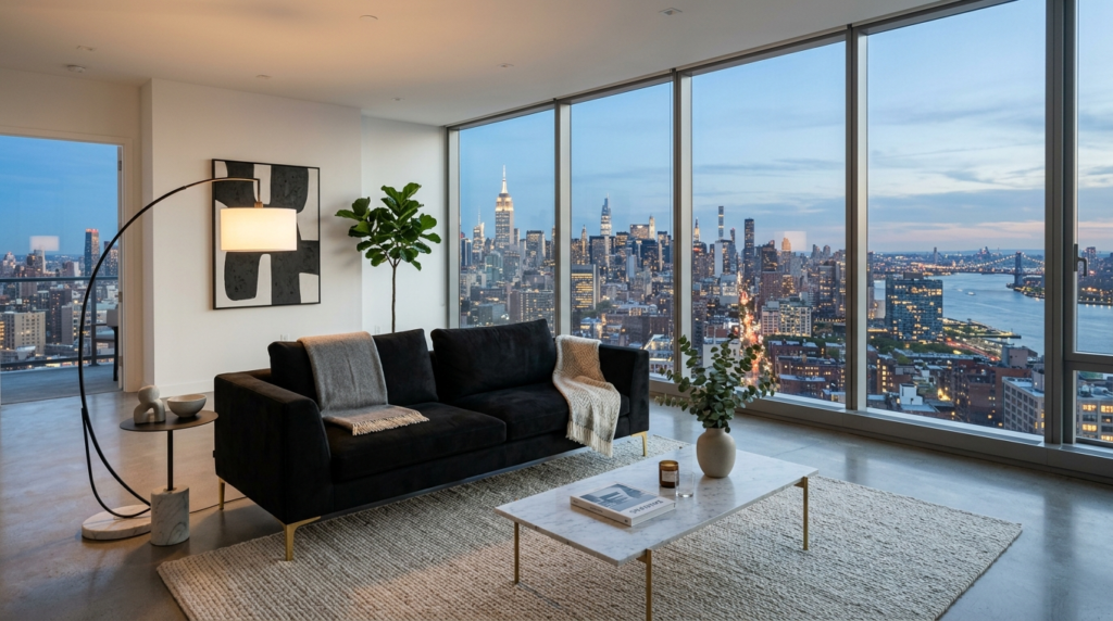 A black velvet sofa inside a high-rise apartment with floor-to-ceiling windows showing the Manhattan skyline.