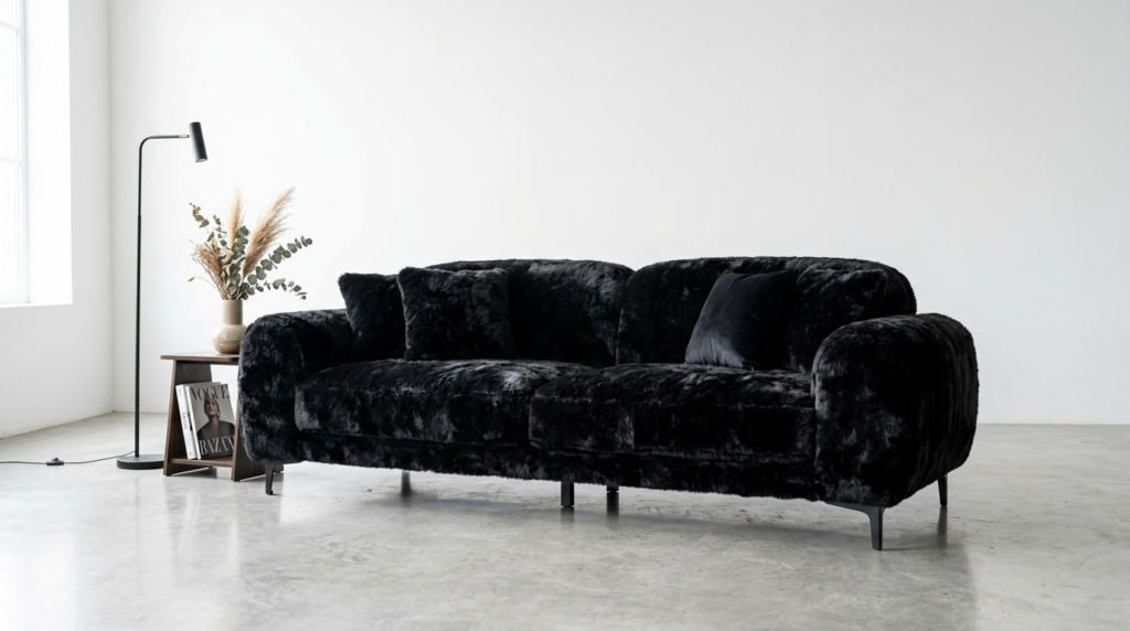 A fluffy black sofa sits in a bright white room next to a wooden side table with dried flowers.