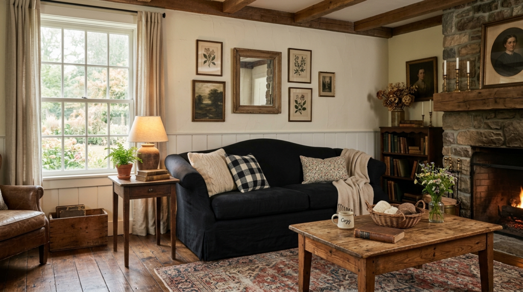 Rustic living room with dark couch, wood beams, stone fireplace, and vintage art gallery wall.