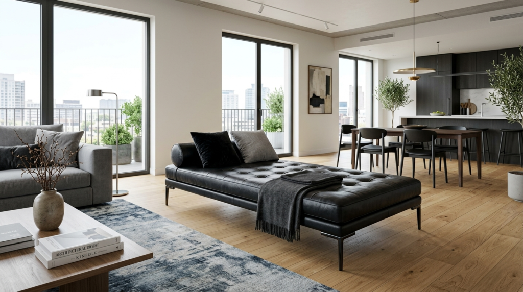 A luxurious leather daybed sits in a bright apartment next to a dining table and wooden flooring.