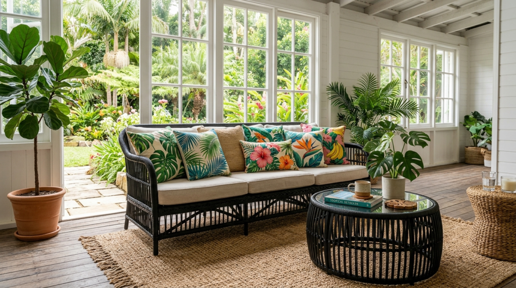 A black rattan couch with floral cushions sits on a jute rug in a sunlit room overlooking a lush garden.