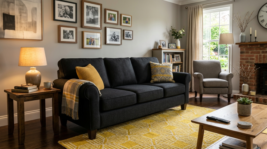 A plush charcoal sofa with yellow cushions sits on a bright patterned rug in a sunlit home interior.