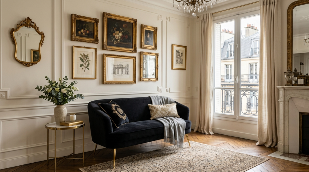 Navy blue sofa with gold legs set against a white wall with a gallery of framed art and a gold-rimmed side table.