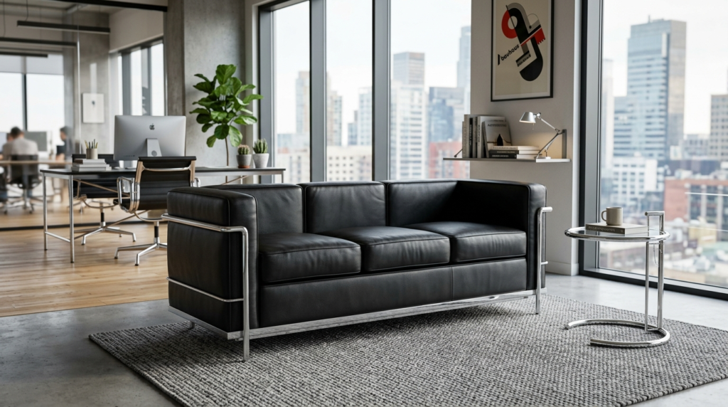 A sleek black leather sofa with a chrome frame sits on a grey rug in a bright office looking over a city skyline.