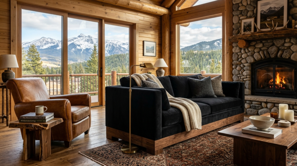 A luxurious log cabin living area with leather chair, dark couch, and snowy mountain peaks visible through large windows.