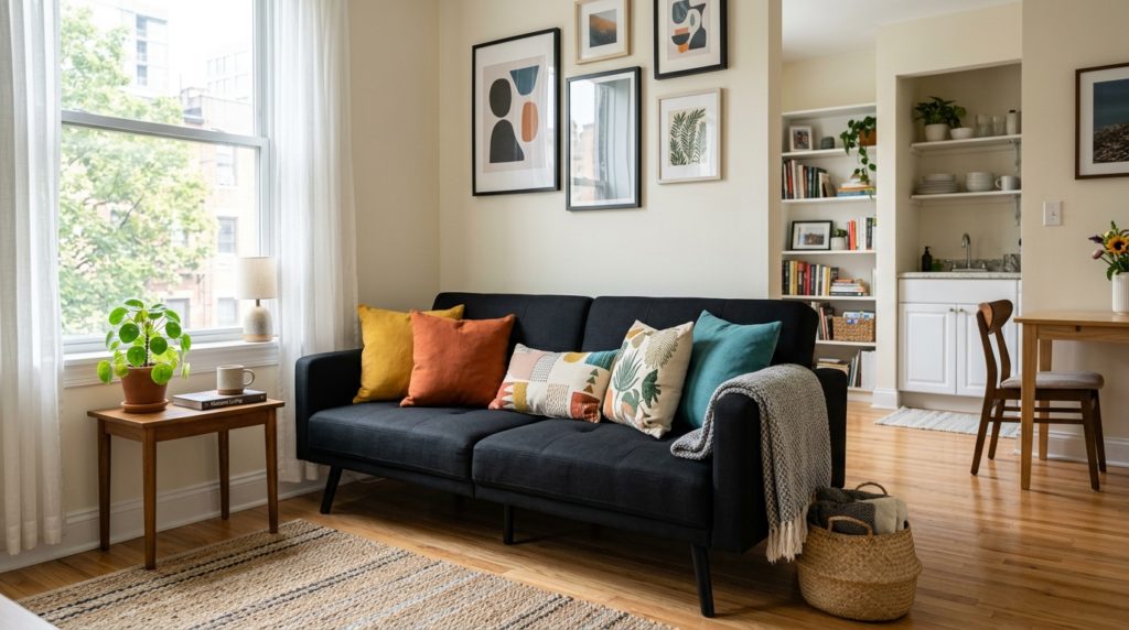 A dark upholstered couch with various decorative cushions in a sunny living room with hardwood floors.