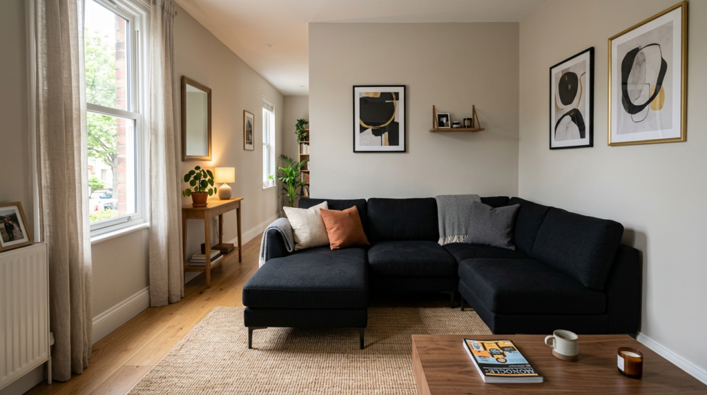 A dark grey sectional couch sits on a jute rug in a neutral-toned living room with framed abstract wall art.