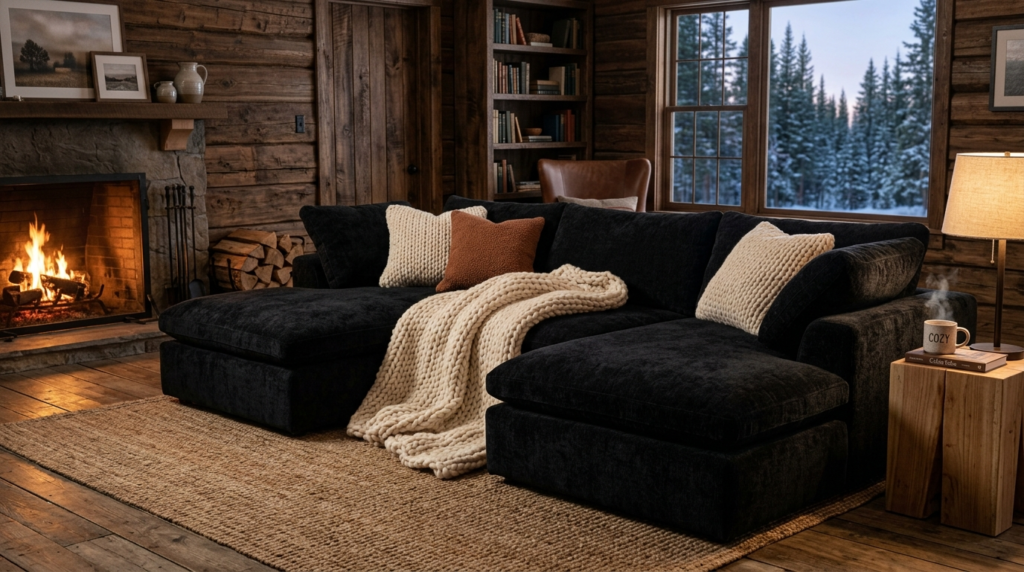 Cozy black corner sofa with cream knitted throw blanket inside a rustic log cabin living room.