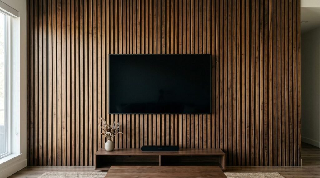 A flat screen television mounted on a textured black wooden slat wall with floating media console and ambient lighting.